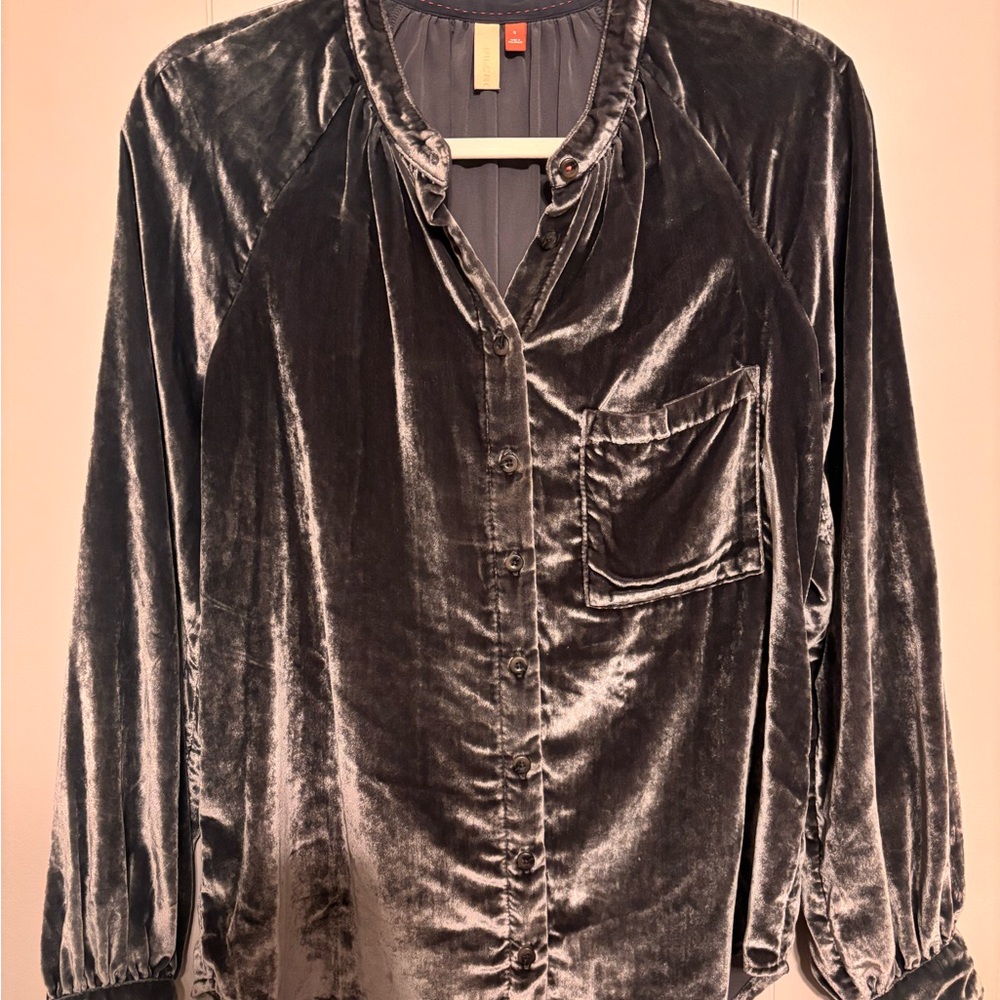 Pilcro Gray Velvet Button-Up Blouse with Pink Stitching